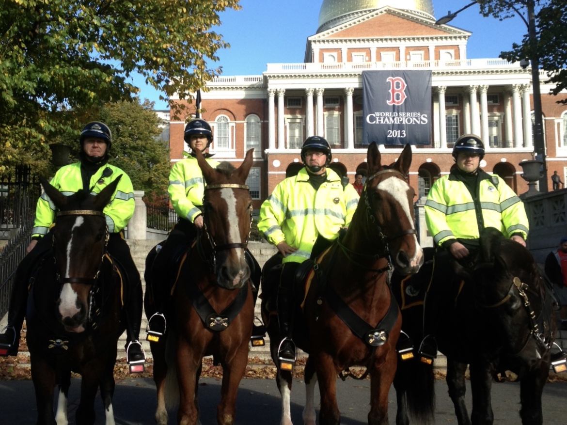 Mounted Park Rangers in front of Massachusetts State House