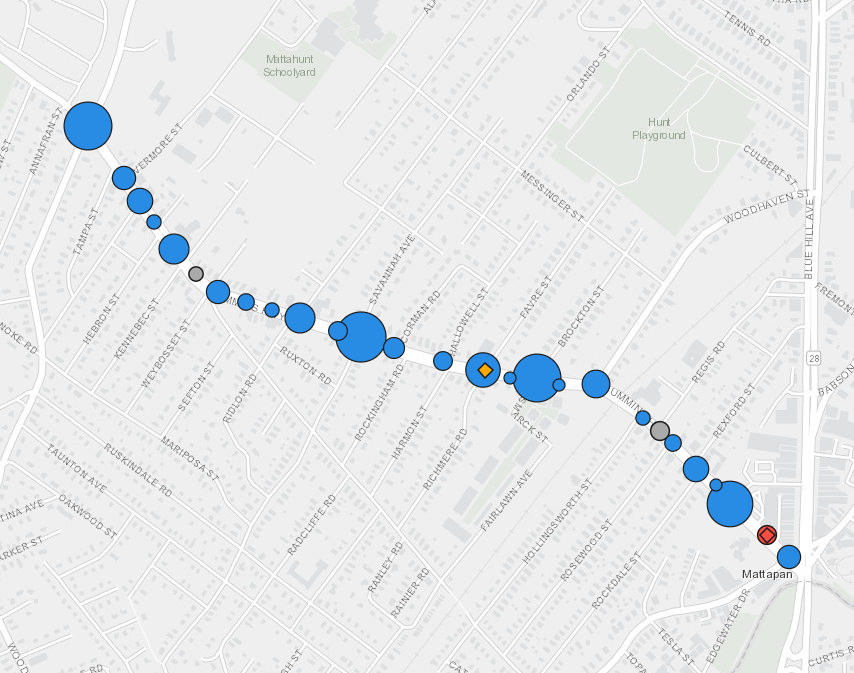 A map shows Cummins Highway between Wood Avenue and River Street. Different sized circles indicate the number of crashes resulting in an EMS response over time.