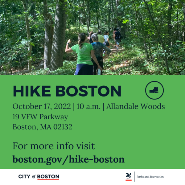 Hike Boston Allandale Woods promo with image of people walking.