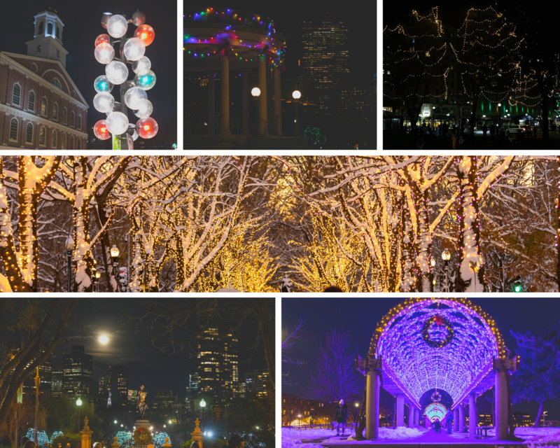 Clockwise from top left: Faneuil Hall, Parkman Bandstand, Boston Common Trees, Commonwealth Avenue Mall, Christopher Columbus Park Trellis, Boston Public Garden.