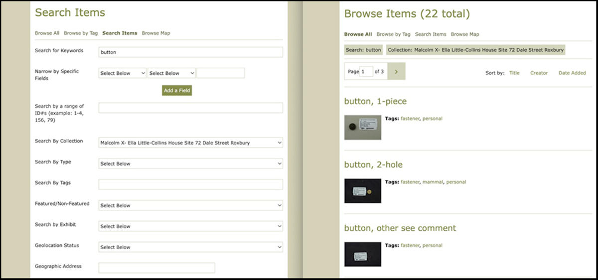 A screen grab of the Archaeology Progam's Omeka search function showing results for a search of buttons