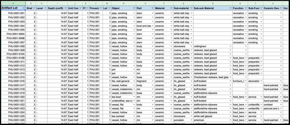 A screen grab of an archaeological artifact catalog showing a spreadsheet containing provenience data from a Faneuil Hall excavation