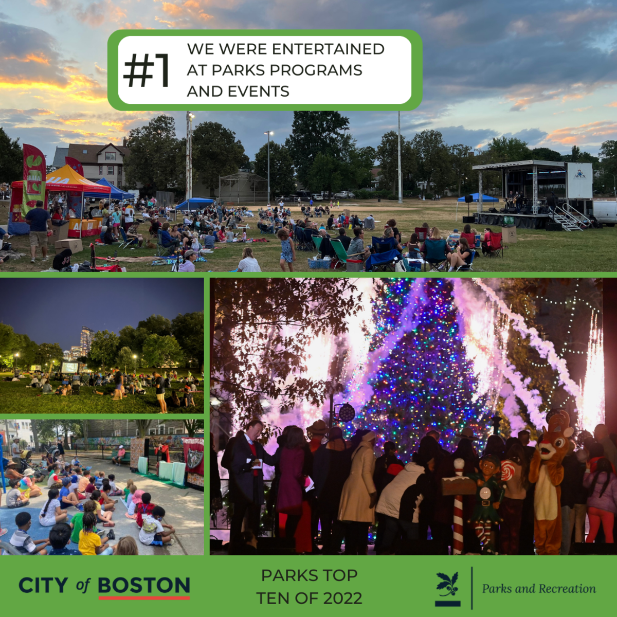 Parks top ten of 2022 #1 We were entertained at parks programs and events. Grid - Neighborhood concert in a park, movie night, puppet show, and the Christmas tree being lit.