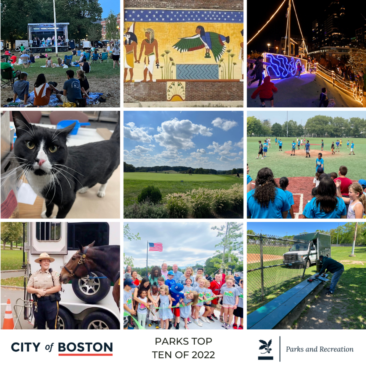 Parks top ten of 2022 grid. Concert in a park, painting of King Tut, and Martins Park lit up with lights. Black and white cat, golf course on a sunny day, and kids playing baseball. Park ranger and a horse, families cutting a ribbon in a park, and a worker painting a bench.