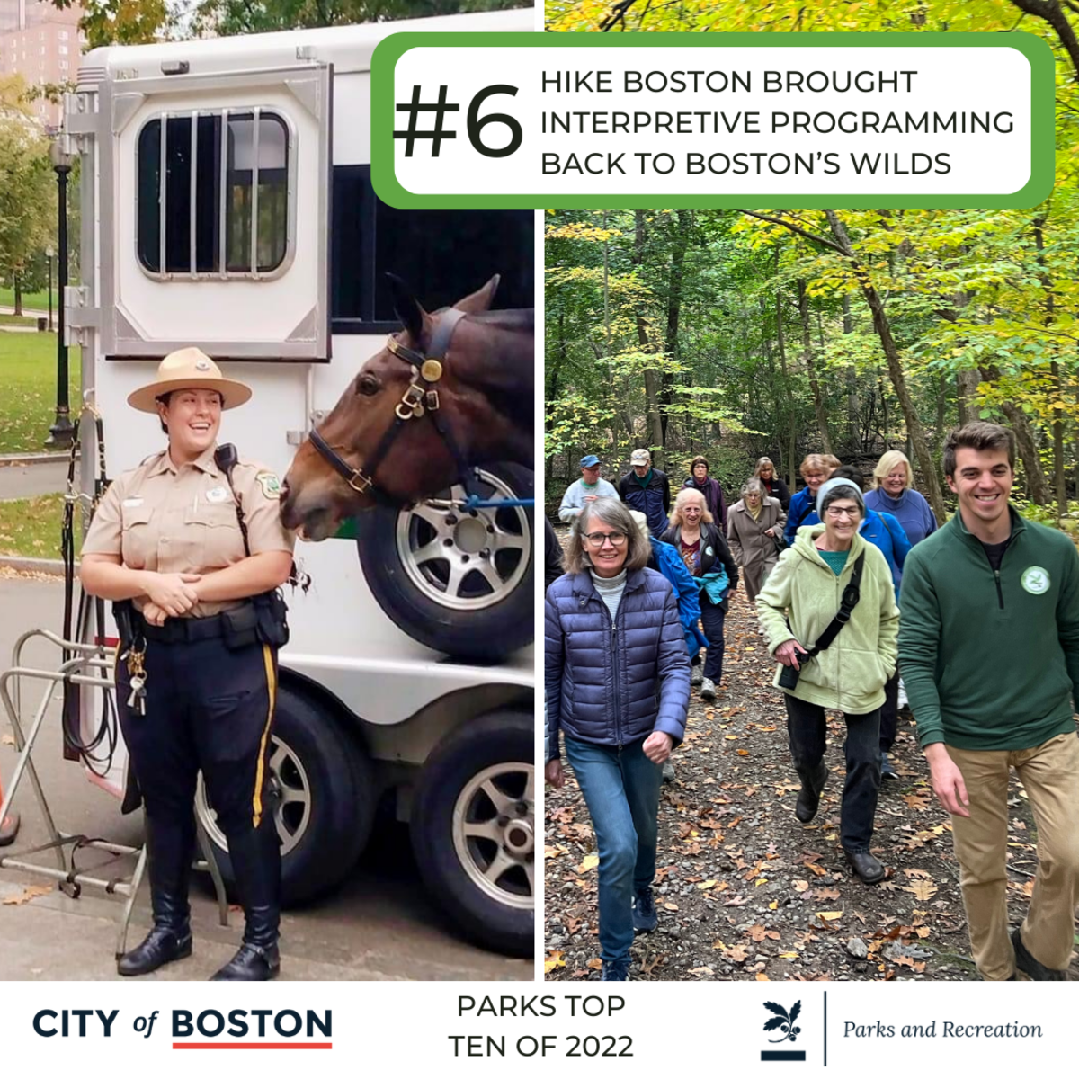 parks top ten of 2022 #6  Hike Boston brought interpretive programming back to Boston's wilds. People hiking in the woods.  A park ranger and a horse.