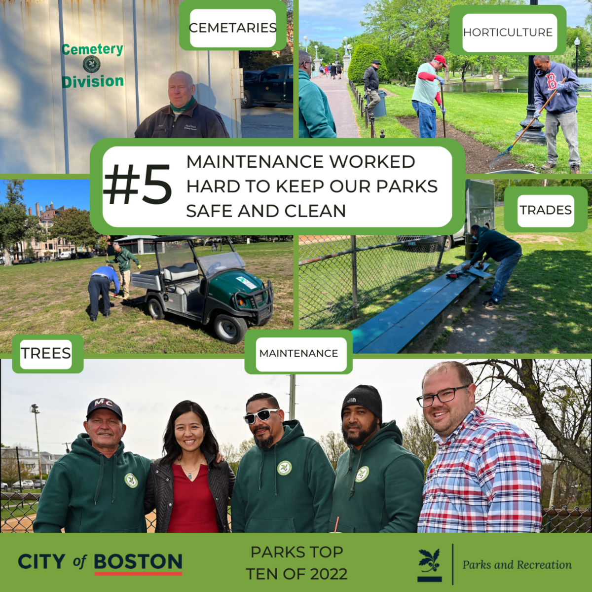 Parks top ten #5 Maintenance worked to keep our parks save and clean.  Grid. Cemetery worker. Horticulture planting. Trades worker painting bench. Group of workers with mayor and parks commisioner.