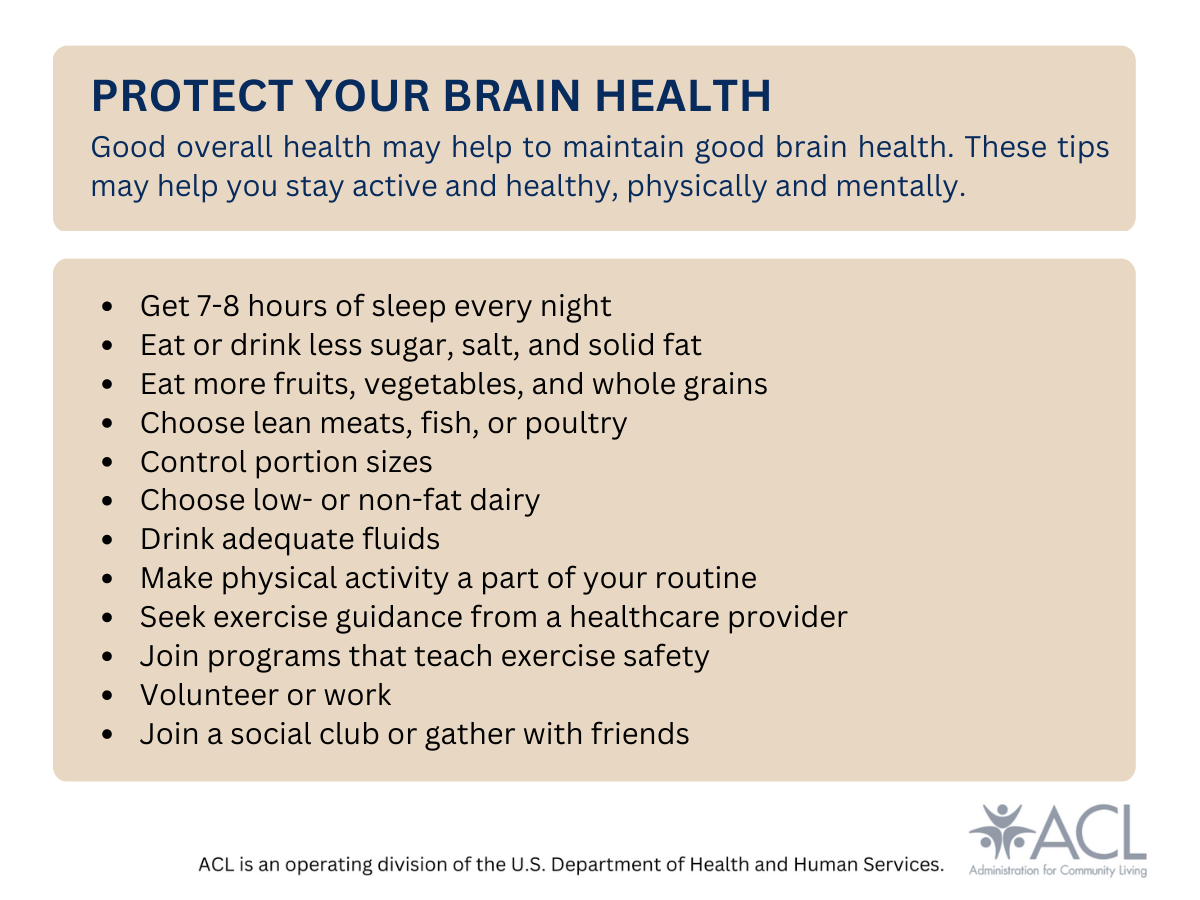 Blue text box explaining what happens to your brain as you age, and tan text boxes listing ways you can keep your brain healthy throughout your lifespan