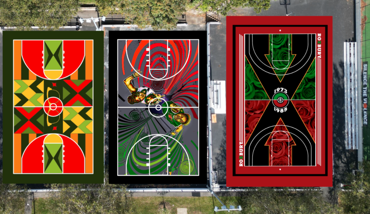 Digital renderings of the Malcolm X Park basketball court murals, featuring designs in red, green, yellow, and black.