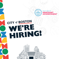 Image of City Hall and Boston landmarks with the text "City of Boston. We're Hiring!"
