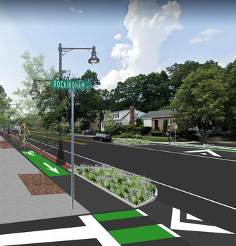 A computer-generated illustration of the preferred design for Cummins Highway. It includes raised crosswalks over the side streets, new sidewalks, new street lights, trees, planting areas, vehicle parking, two travel lanes, and a separated bike lane,