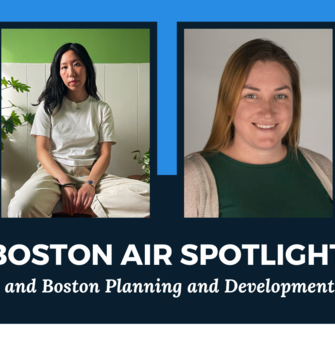 Headshots of Lily Xie (Boston Artist-in-Residence) and Kristina Ricco of the Boston Planning and Development Agency with text that reads "Boston AIR Spotlight - Lily Xie and Boston Planning and Development Agency"